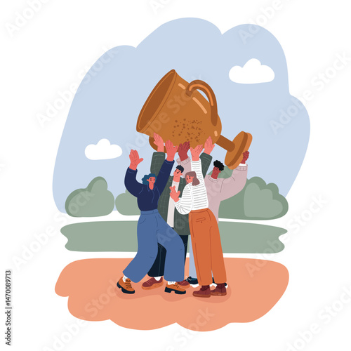 Cartoon vector illustration of a group of people holding a trophy cup, symbolizing victory, teamwork, and achievement