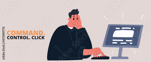 Cartoon vector illustration of a man typing on a keyboard while looking at a computer monitor, focused and engaged in work