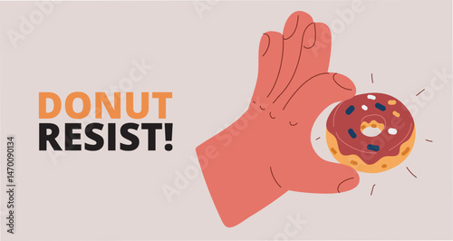 Cartoon vector illustration of a hand holding a donut like a sweet victory raised high in sugary