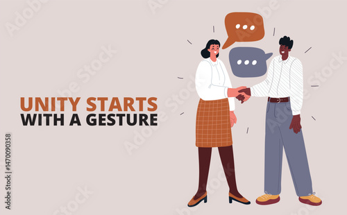 Cartoon vector illustration of a man and woman shaking hands, representing mutual respect, trust, and collaboration