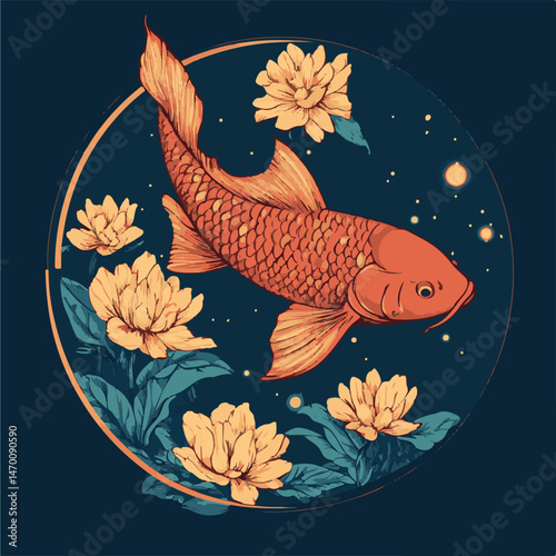 Elegant Koi Fish With Lotus Flowers In Circular Composition Japanese Art Style