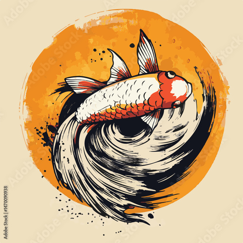 Elegant Koi Fish Illustration With Sumie Style Brush Strokes Against A Golden Circle Backdrop