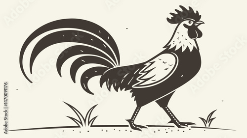 Majestic Rooster Illustration A proud rooster struts showcasing its vibrant plumage and striking silhouette against a