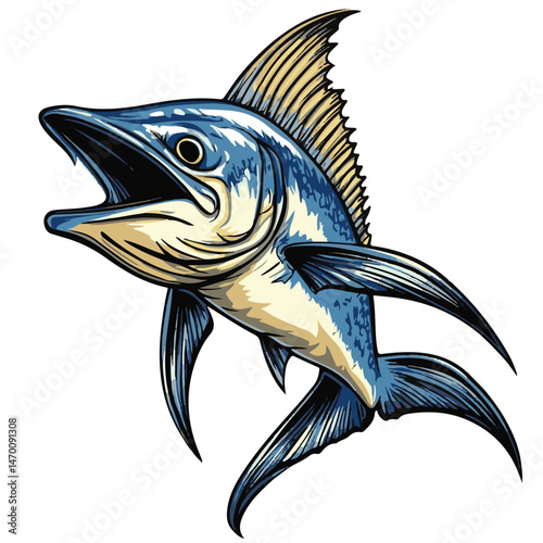 Cartoon Style Marlin Fish Illustration With Open Mouth And Pointed Fins Aquatic Wildlife Design
