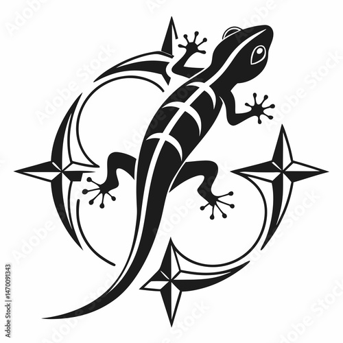 Striking gecko tattoo design tribal art style black ink three stars bold graphic reptile illustration vector artwork