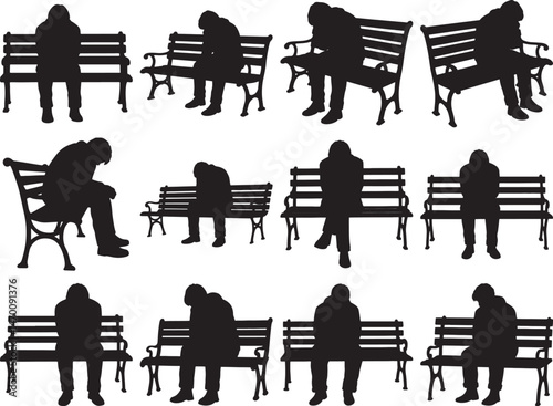 Sad Person Silhouette on Bench in Depressed Sitting Poses