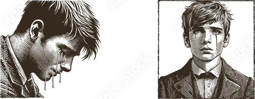 Portrait of a Young Man with Teary Eyes – A Deep Expression of Emotion and Vulnerability Captured in Fine Detail for Artistic and Reflective Wood or Metal Engraving