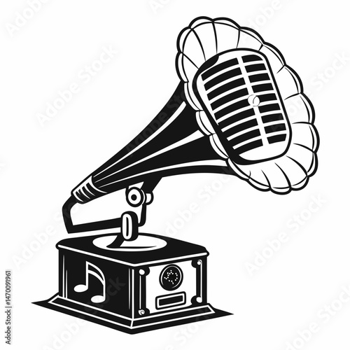 Vintage Gramophone A Nostalgic Icon of Classic Music Black and White Illustration Retro Design Horn Speaker Antique