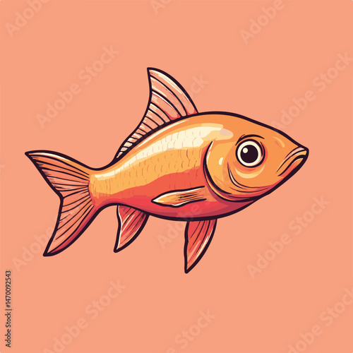 Cartoon Illustration Of A Single Goldfish With Detailed Fins And Scales On Pale Orange Background