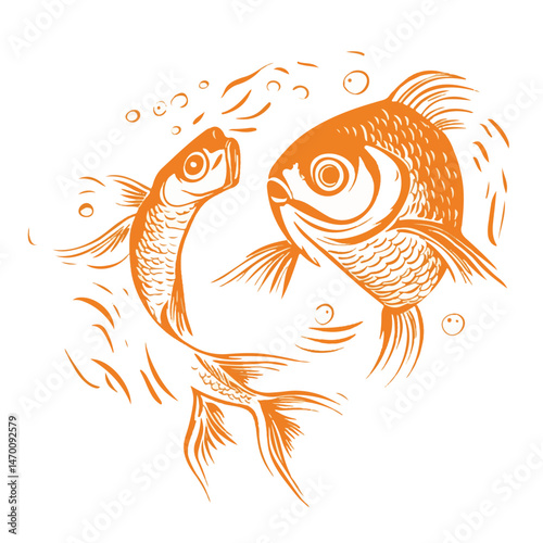 Two Elegant Goldfish Gracefully Swimming In Water With Bubbles Graphic Vector Design