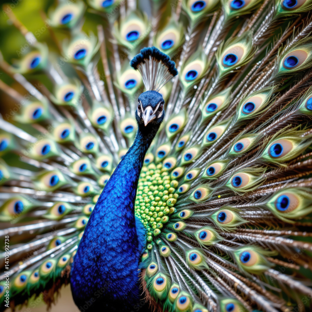 Obraz premium Close-up of wildlife bird, peacock, in nature. A vibrant peacock displays its colorful plumage, showcasing intricate patterns and hues in a captivating natural setting.