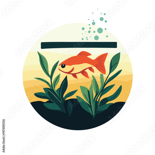Illustration Of A Single Goldfish Swimming In A Round Bowl With Plants And Bubbles Under Water