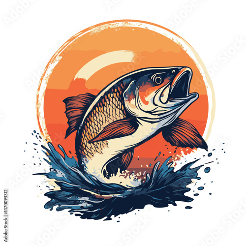 Leaping Tarpon Silhouette Artwork With Splash Water Against Retro Sunset Background Vector Illustration For Fishing Promotion