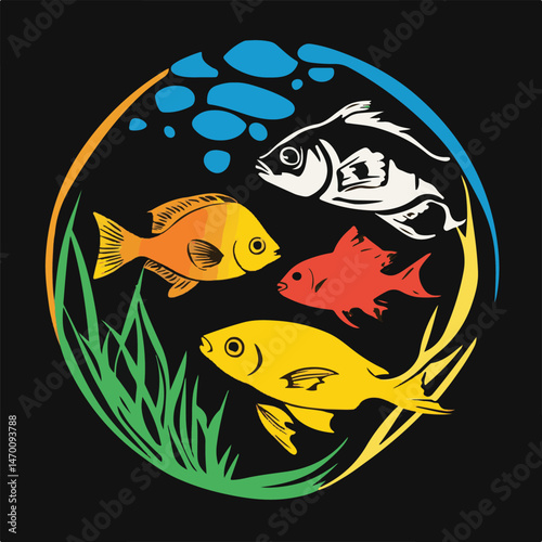 Colorful Fish Vector Illustration Graphic In A Circular Design Element With Aquatic Plants And Bubbles