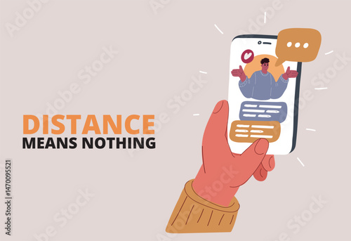 Cartoon vector illustration of a hand holding a smartphone with a chat conversation on the screen, symbolizing digital communication and connection