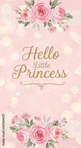 Elegant floral design with "hello little princess" text for nursery or greeting card