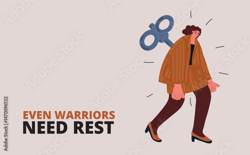 Cartoon vector illustration of a tired woman with a wind-up key in her back, symbolizing exhaustion and the need for rest