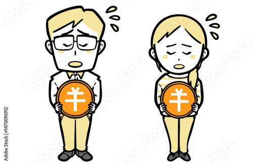 日本円の硬貨を持ち困っている、普段着の若い夫婦