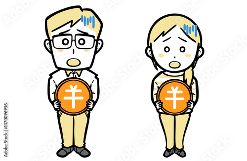 日本円の硬貨を持ち焦っている、普段着の若い夫婦