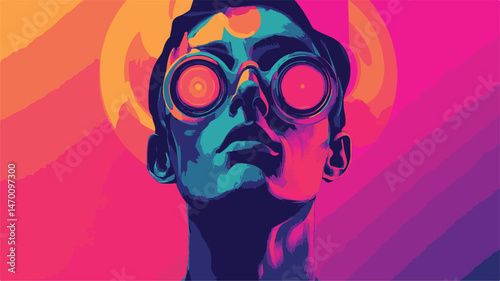 Vivid Portrait Of Man With Goggles In Pop Art Style With Eye Catching Colors