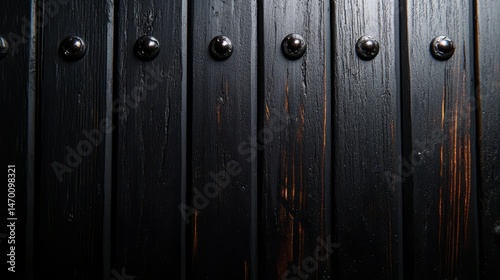 Rustic Black Wood Texture: This image displays a close-up view of textured wooden planks, stained in a deep black hue, with evenly spaced rivets adding a touch of industrial elegance.