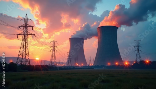 Massive power plant generating electricity, industrial landscape , solar power, engineering