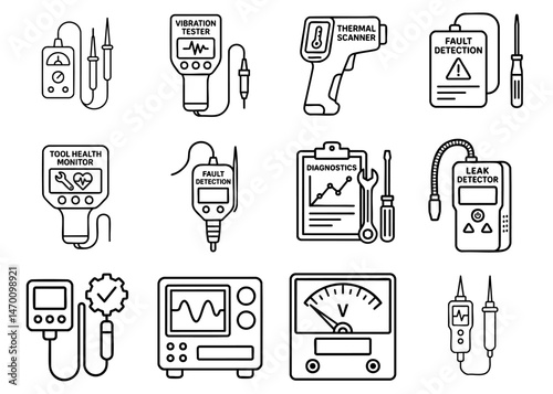 professional tool instrument efficiency concept. Technical diagnostic tools and devices illustrated in a grid layout.