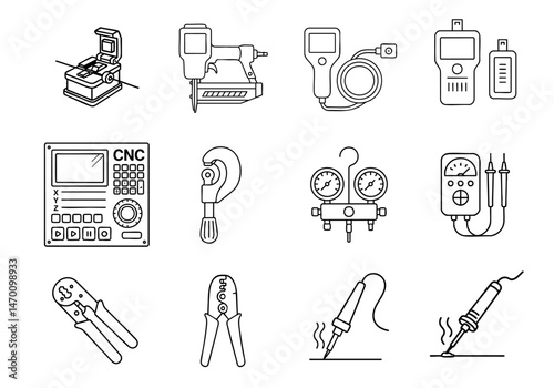 professional tool instrument efficiency concept. Illustration of various tools and equipment in a line-art style.
