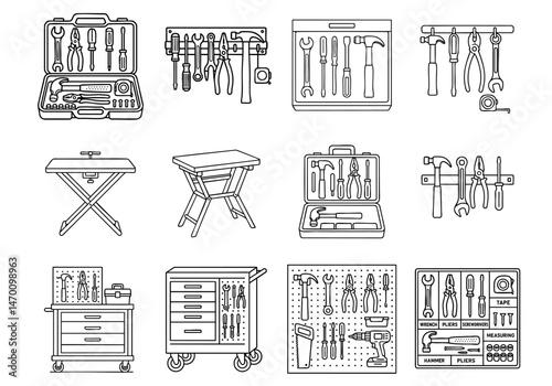 professional tool instrument efficiency concept. Tool illustrations in various arrangements and styles.