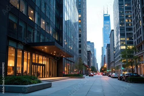 Modern Chicago office building exterior, showcasing architectural details and city skyline , night, glass facade