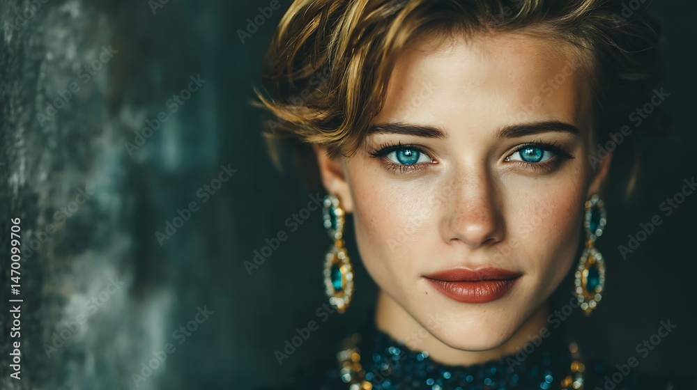Confident Woman with Blue Eyes, Elegant Jewelry, and Dark Background. Confident Woman with Blue Eyes, Elegant Jewelry, and Dark Background.