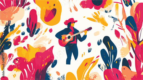 Country Singer Performing Music With An Acoustic Guitar Amidst Abstract Floral And Botanical Elements Art Illustration