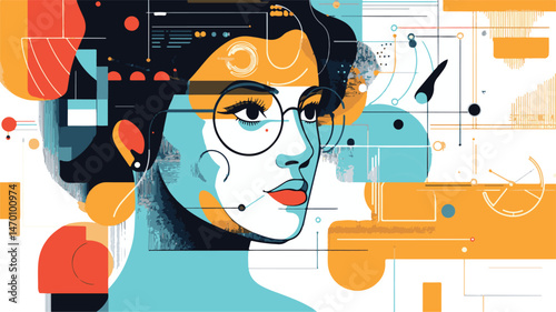 Abstract Portrait Illustration Of A Woman With Glasses Artistic And Modern Composition