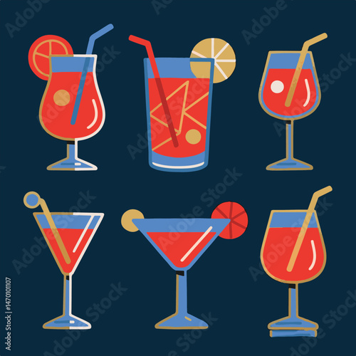 Vector graphics show twenty different hand-drawn cocktail drinks, each in a different style glass and many with garnishes and straws.