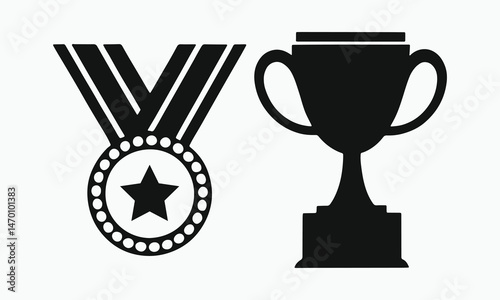  Trophy cup and medal black and white illustration 