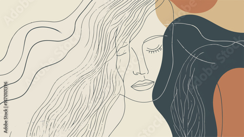 Minimalist Line Art Portrait Serene Woman With Flowing Hair And Abstract Shapes Earth Tone Color Palette Modern Aesthetic