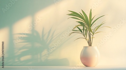 Sunlight on potted palm plant.
