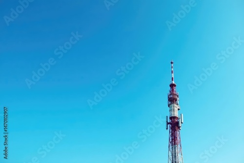 Tall broadcast tower against a clear blue sky Antennae reach high, showcasing communication technology , technology, high
