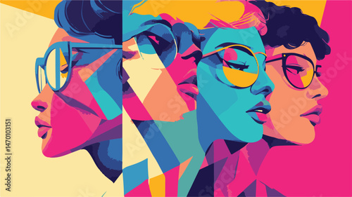 Abstract Portrait Of Diverse Women With Glasses In Bold Colors Contemporary Artistic Design