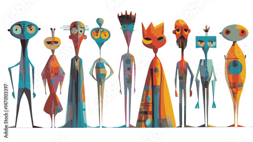 Quirky Cartoon Characters Drawn In Stylized Bold Colors Standing In A Row On White Background