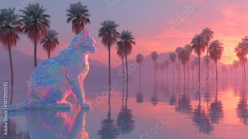 Hyper-realistic 3D render of cyber-cat with liquid mercury texture, reflecting palm trees and sunset from vaporwave landscape, chromatic aberration effect.