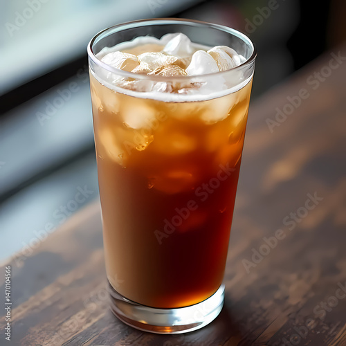 Wallpaper Mural A refreshing glass of iced coffee with ice cubes on a wooden table, perfect for summer beverages Torontodigital.ca
