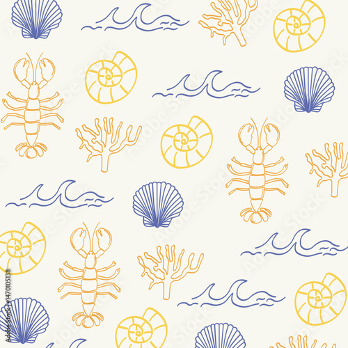 Mediterranean sea seamless Pattern. Italian summer vacation prints. Hand drawn lobster, coral, shell and wave doodle design for backgrounds, presentations, wrapping papers, prints, artworks. 