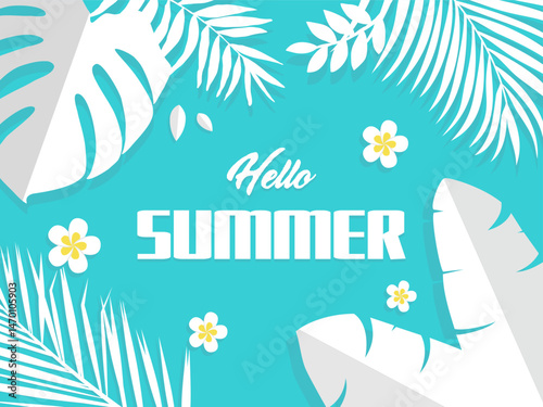 Hello summer concept design. Creative abstract shape background and plant paper cut style of summer season for sale post template.