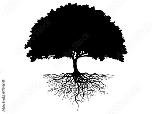 Black Tree and roots with leaves silhouette look beautiful and refreshing. Tree and roots LOGO style. Hand drawn isolated illustrations.