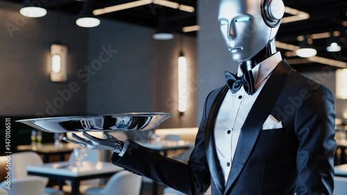 Robotic waiter in elegant restaurant serving guests with precision and modernity