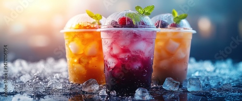 Refreshing iced drinks in clear cups