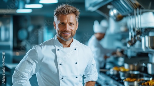 A culinary expert is actively engaged in the kitchen, showcasing expertise in food preparation amidst a lively kitchen environment, portraying skill and passion for cooking. photo