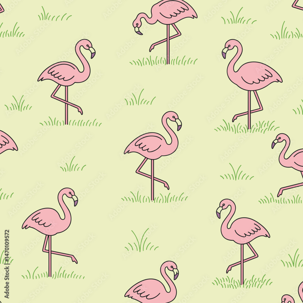 Fototapeta premium Flamingo pattern on a lawn in a cheerful pastel illustration