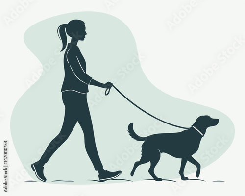 high-contrast vector silhouette of a woman walking a dog, centered on a plain subtle pastel background. Use a casual and clean approach.

